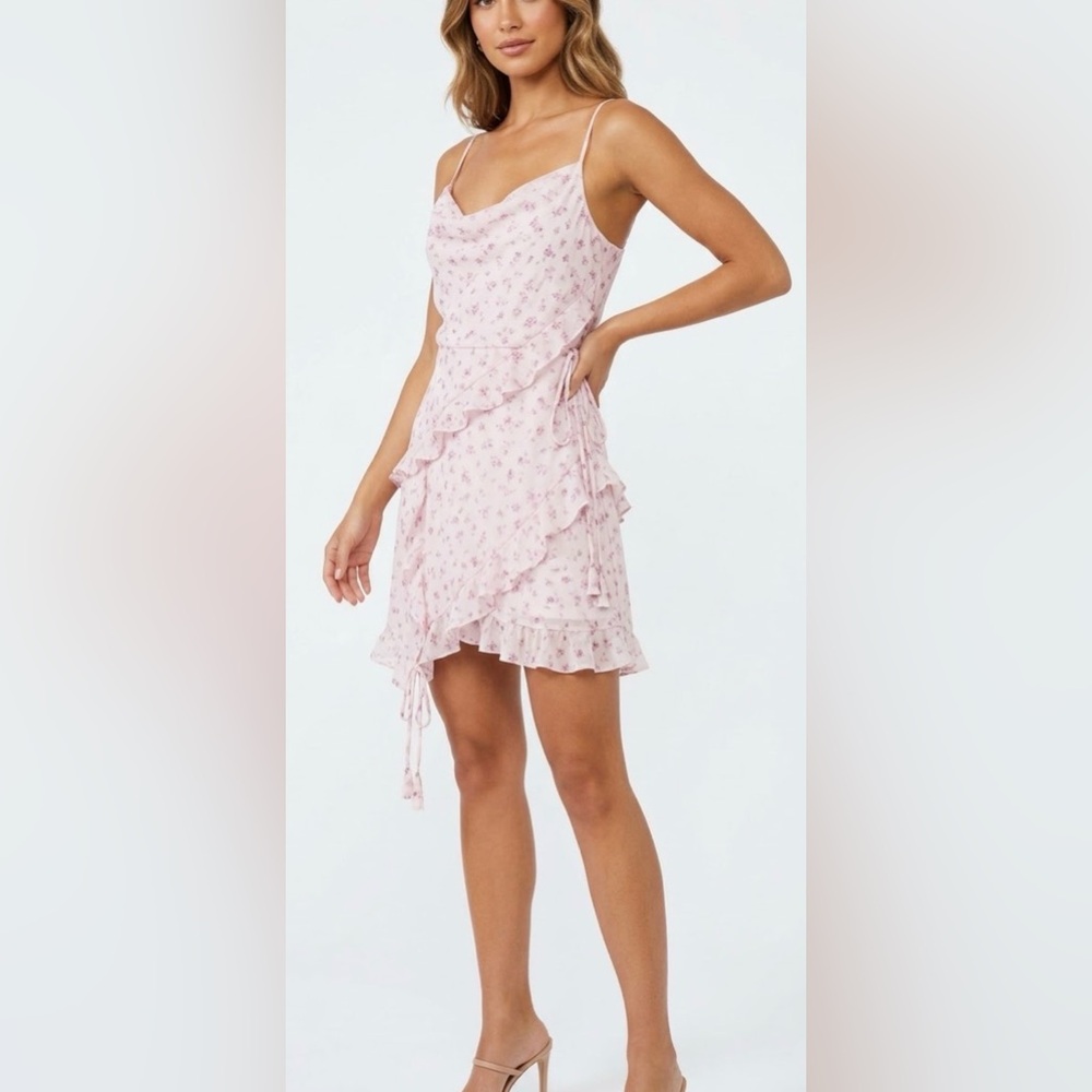 All in Favor Pale Pink Floral Ruffle Wrap Mini Dress Side Zipper